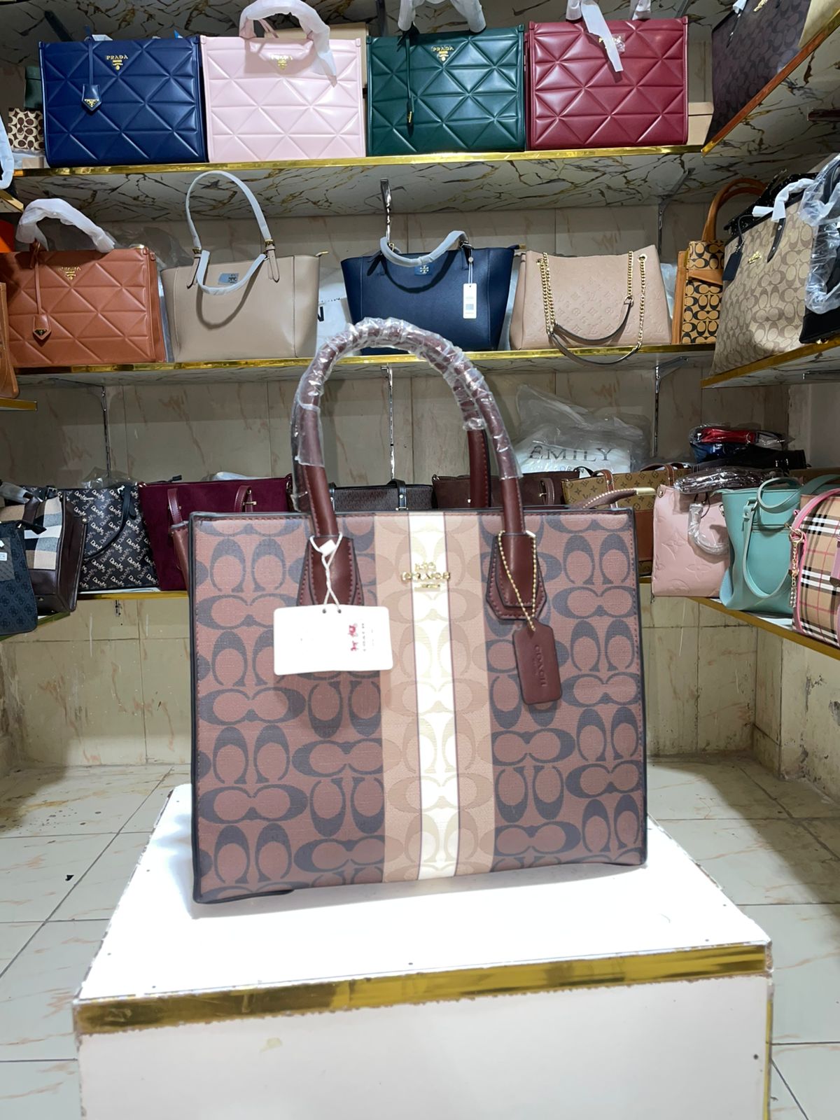 Premium Brown Striped Monogram Large Tote Bag for Women in Pakistan | Bagzar