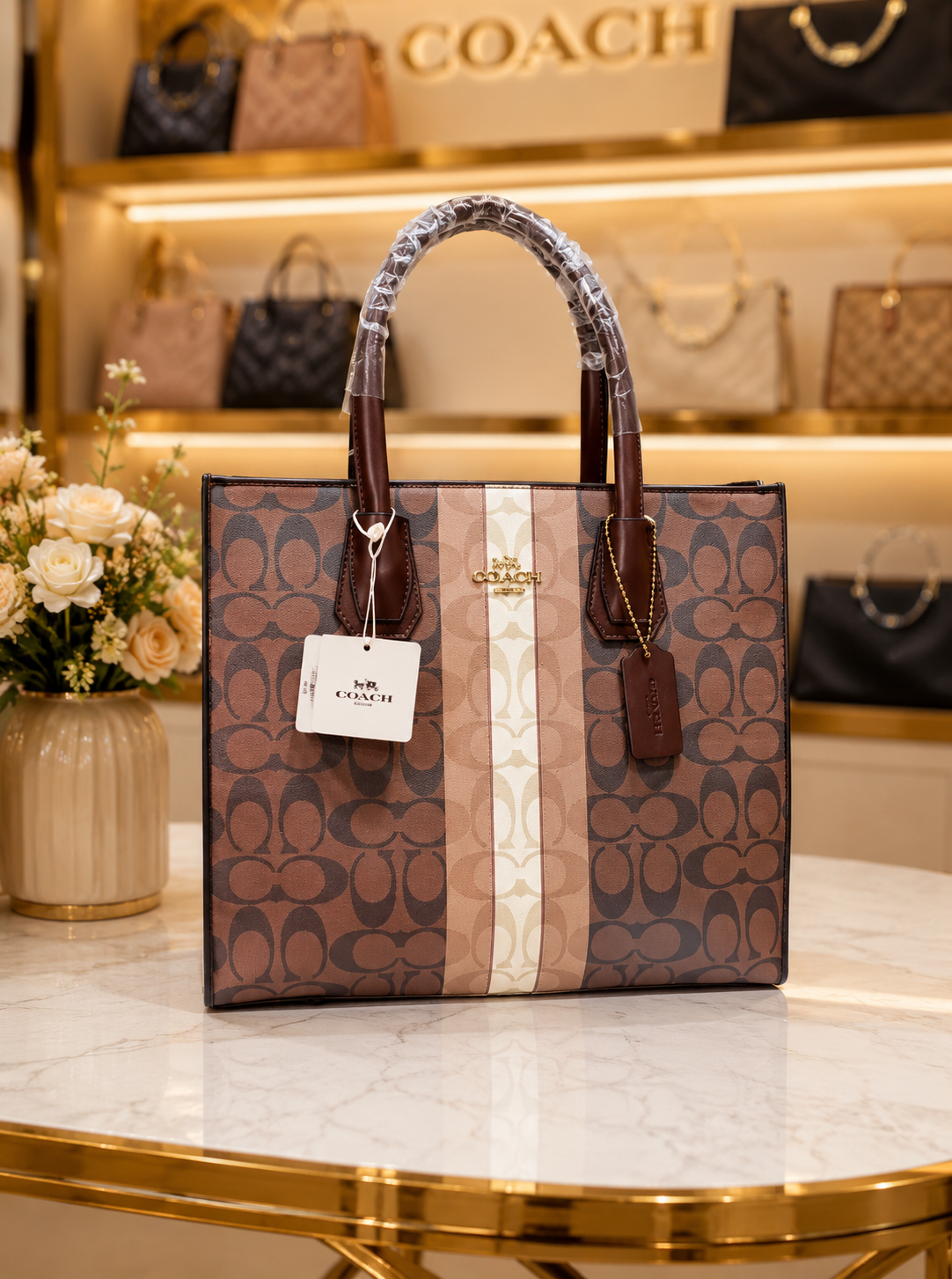 Premium Brown Striped Monogram Large Tote Bag for Women in Pakistan | Bagzar